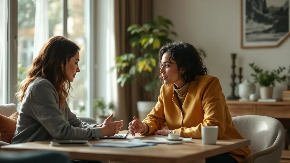 Discussion entre une investisseuse et une conseillère autour d’un dossier immobilier