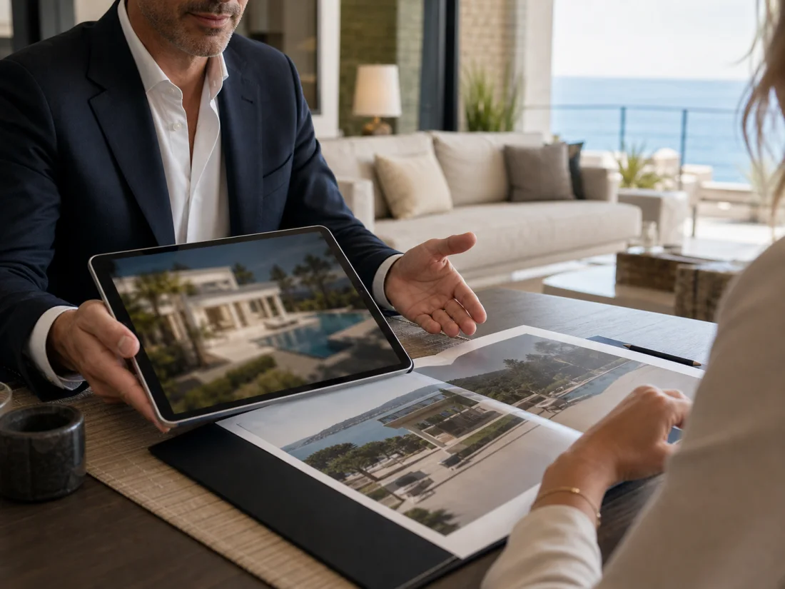 Présentation confidentielle d’un dossier de villa de prestige à un acheteur qualifié