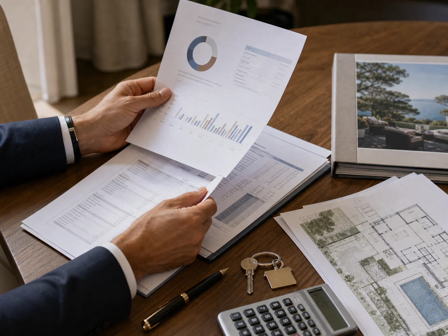 Dossier bancaire et plan de villa préparés pour un financement immobilier premium