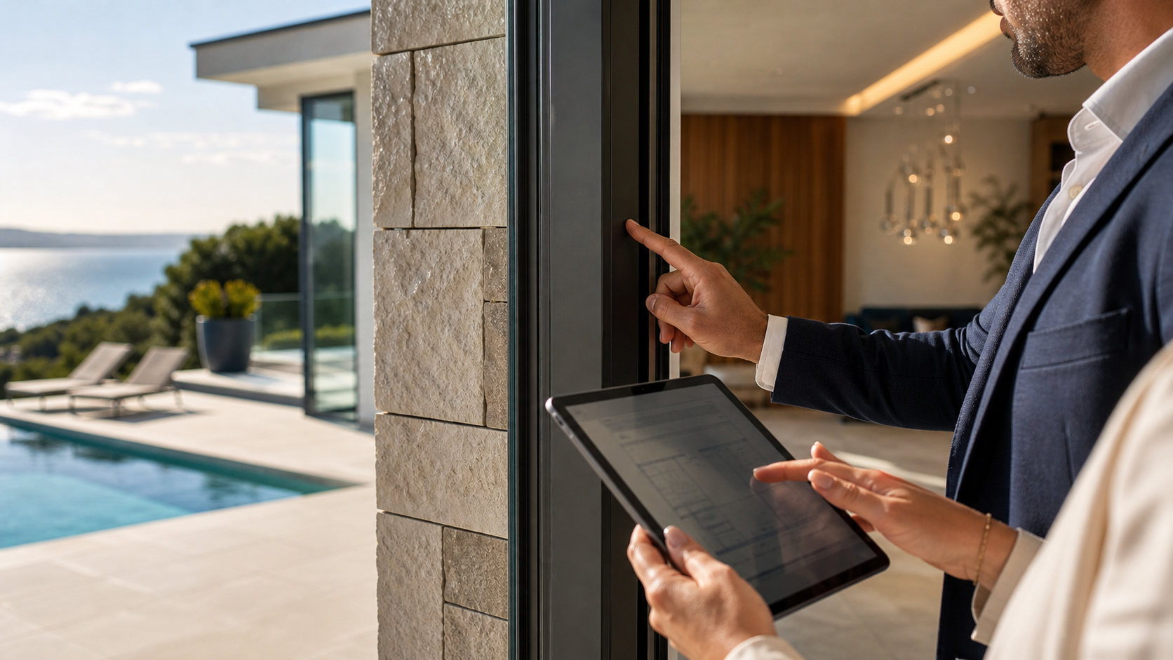 inspection des matériaux et menuiseries pendant la visite d’une villa de prestige