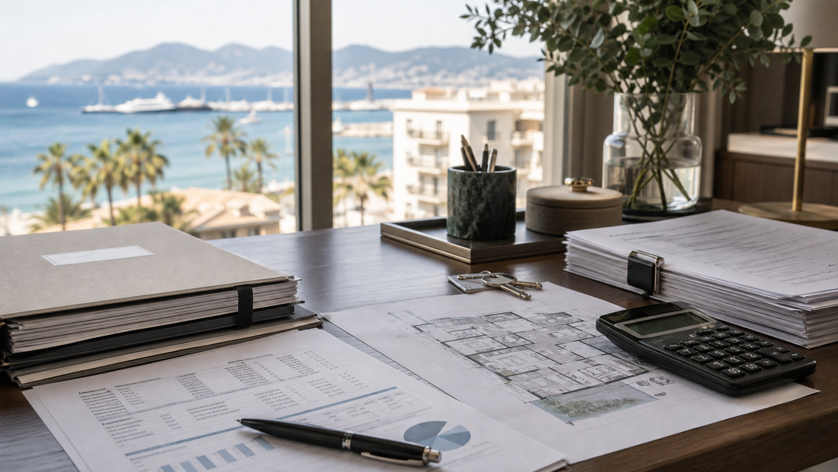 Dossier de copropriété et calculatrice pour analyser les charges d’un appartement de luxe