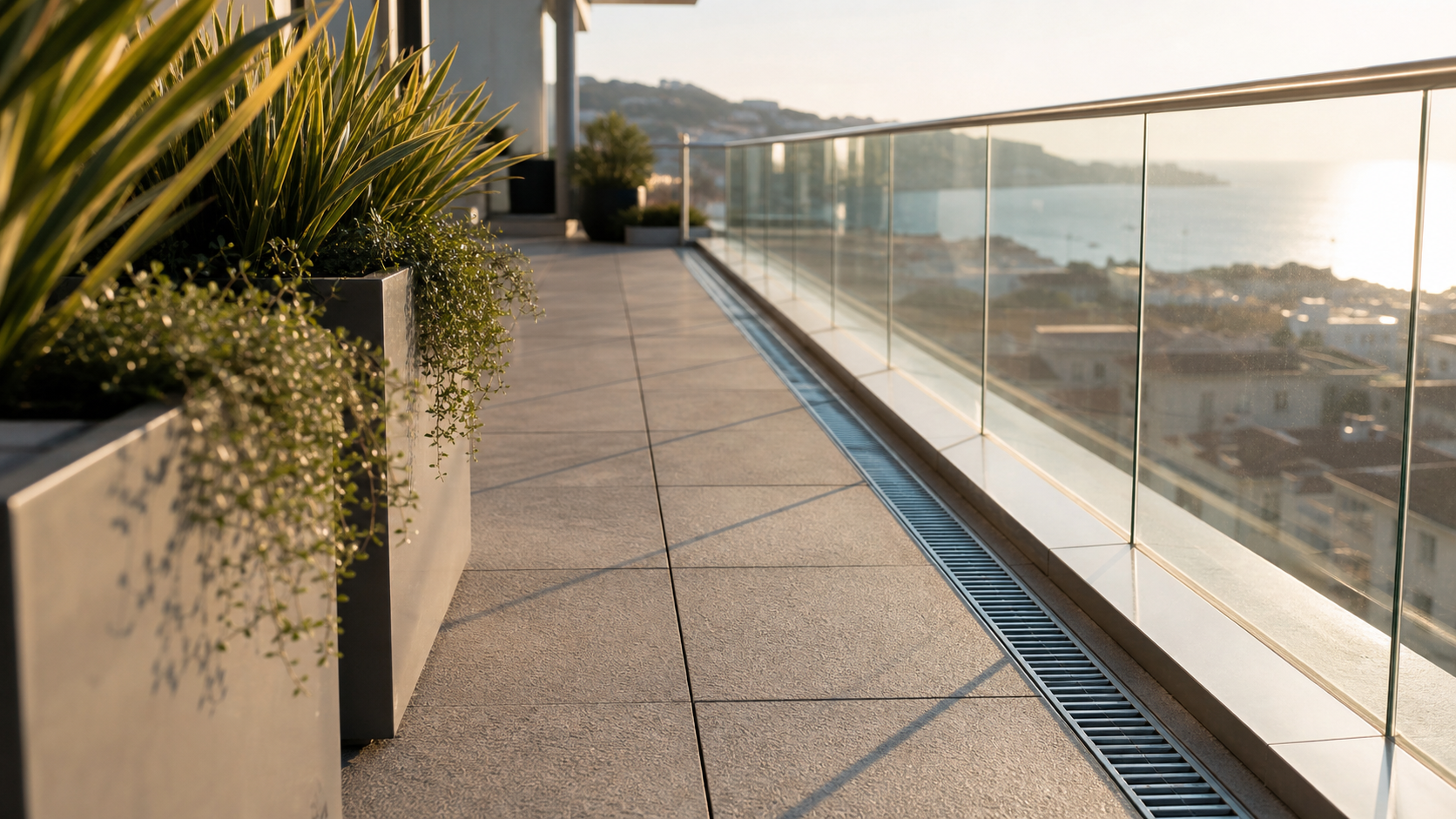 Détail d'une terrasse de penthouse à Cannes avec garde-corps et évacuation
