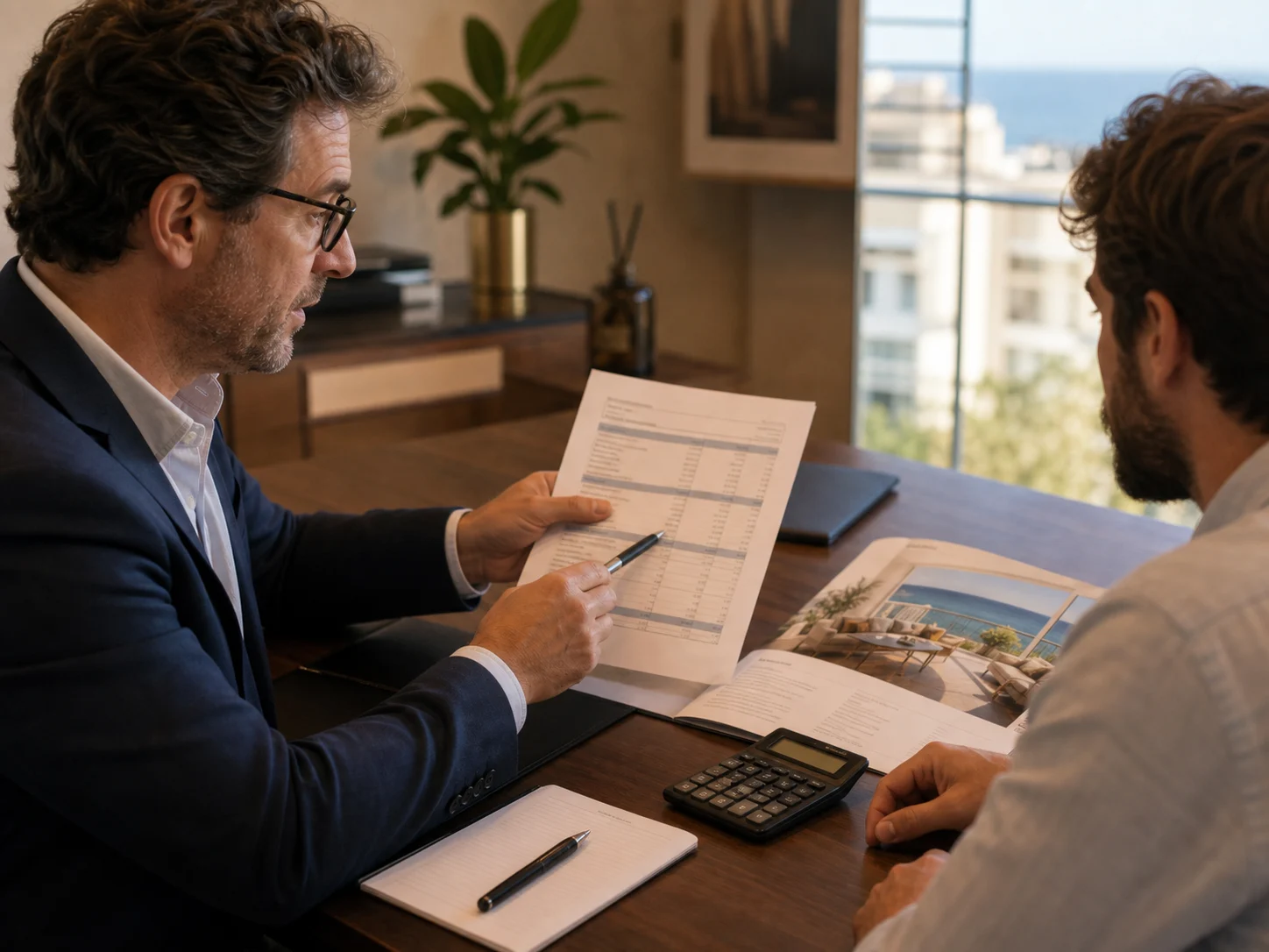 Conseiller immobilier et client relisant des hypothèses de budget locatif
