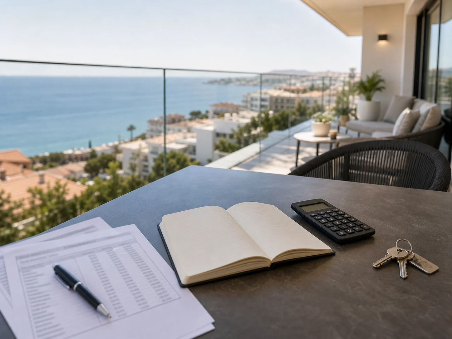 Carnet de calcul et clés sur une terrasse avec vue mer pour un projet locatif premium