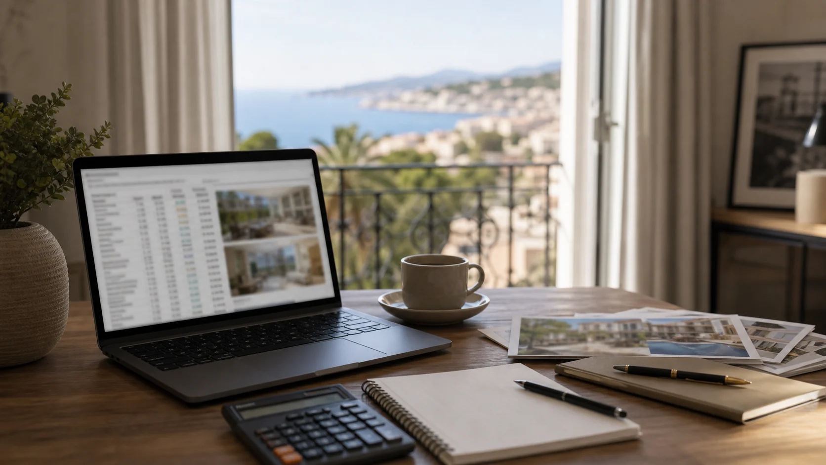Simulation d investissement locatif sur ordinateur avec calculatrice et photos de bien immobilier