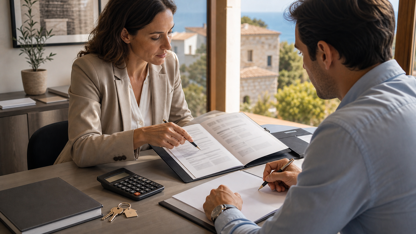 Conseiller et acheteur relisant un dossier de prêt immobilier avant l’offre