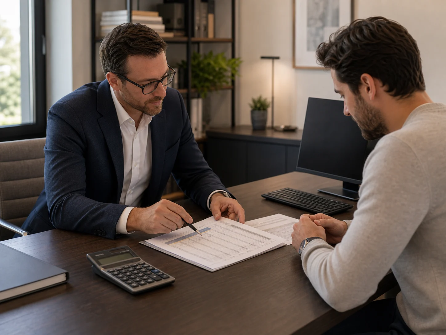 Conseiller immobilier et acheteur analysant une simulation de prêt