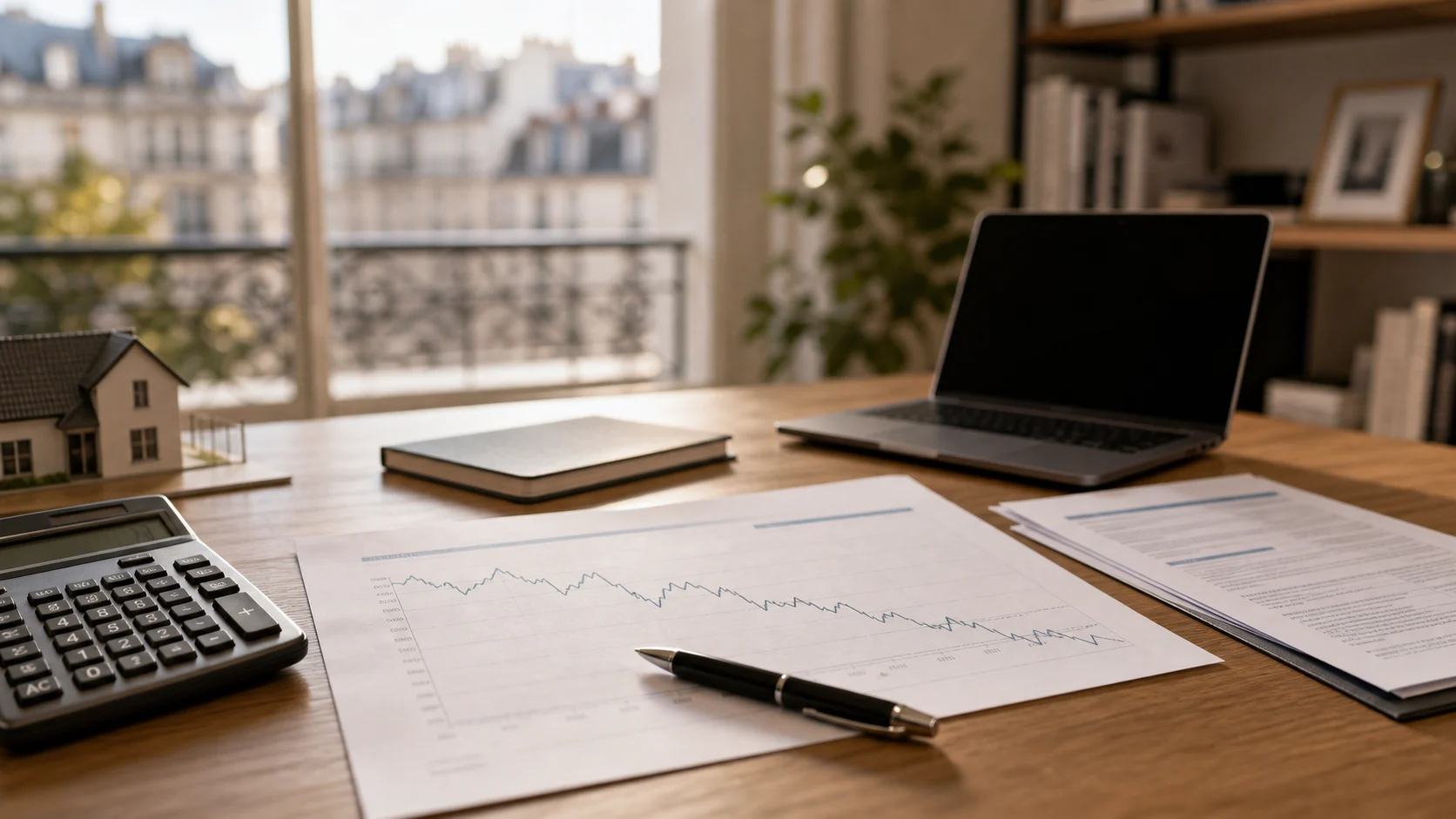 Dossier de prêt immobilier avec graphique de taux flouté