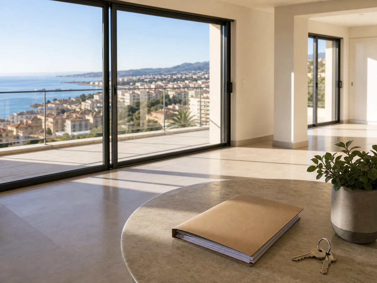 Appartement premium lumineux avec dossier immobilier posé sur une table
