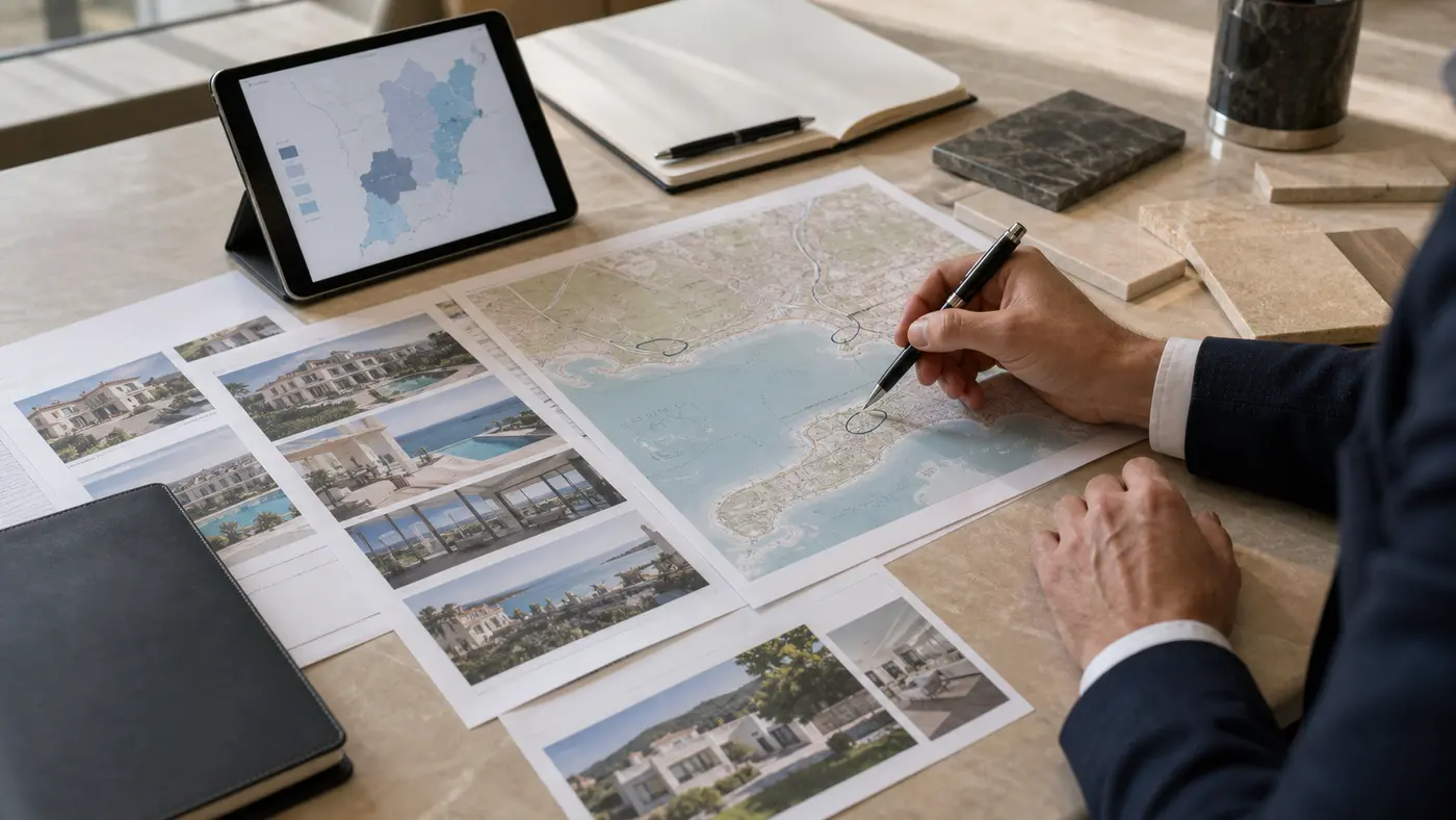 Comparaison de micro-marchés premium sur cartes et dossiers immobiliers