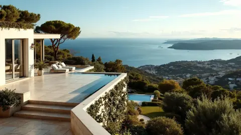 Villa de prestige sur la Côte d'Azur avec terrasse, jardin et vue mer panoramique au coucher du soleil.
