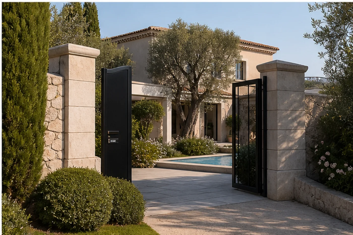 Entrée discrète d une propriété de luxe avec jardin méditerranéen