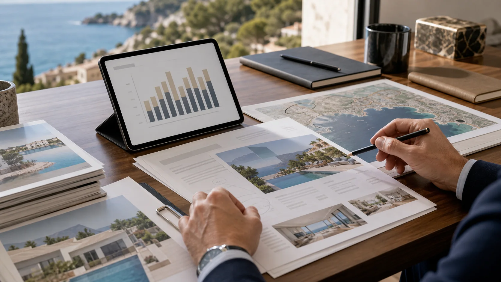 Analyse de dossiers immobiliers de prestige avec graphique abstrait et carte de la Côte d’Azur