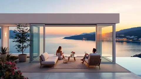Terrasse d'un appartement de luxe sur la Côte d'Azur avec vue dégagée sur la mer au crépuscule