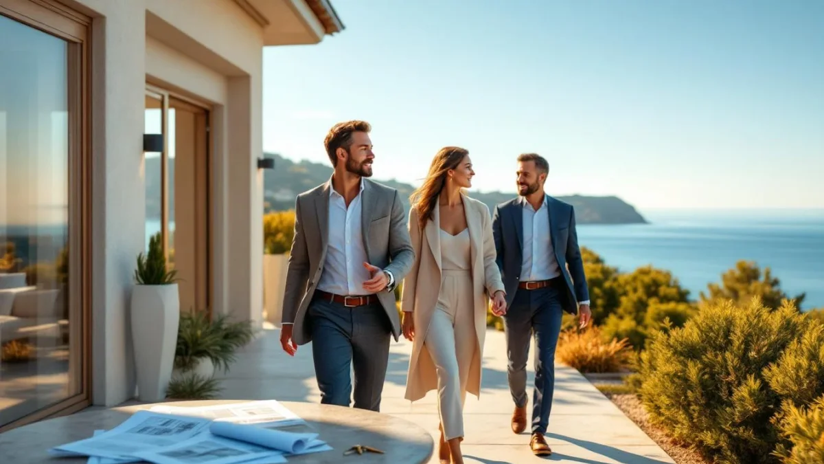 Agent immobilier de luxe conseillant un couple sur une terrasse avec vue mer