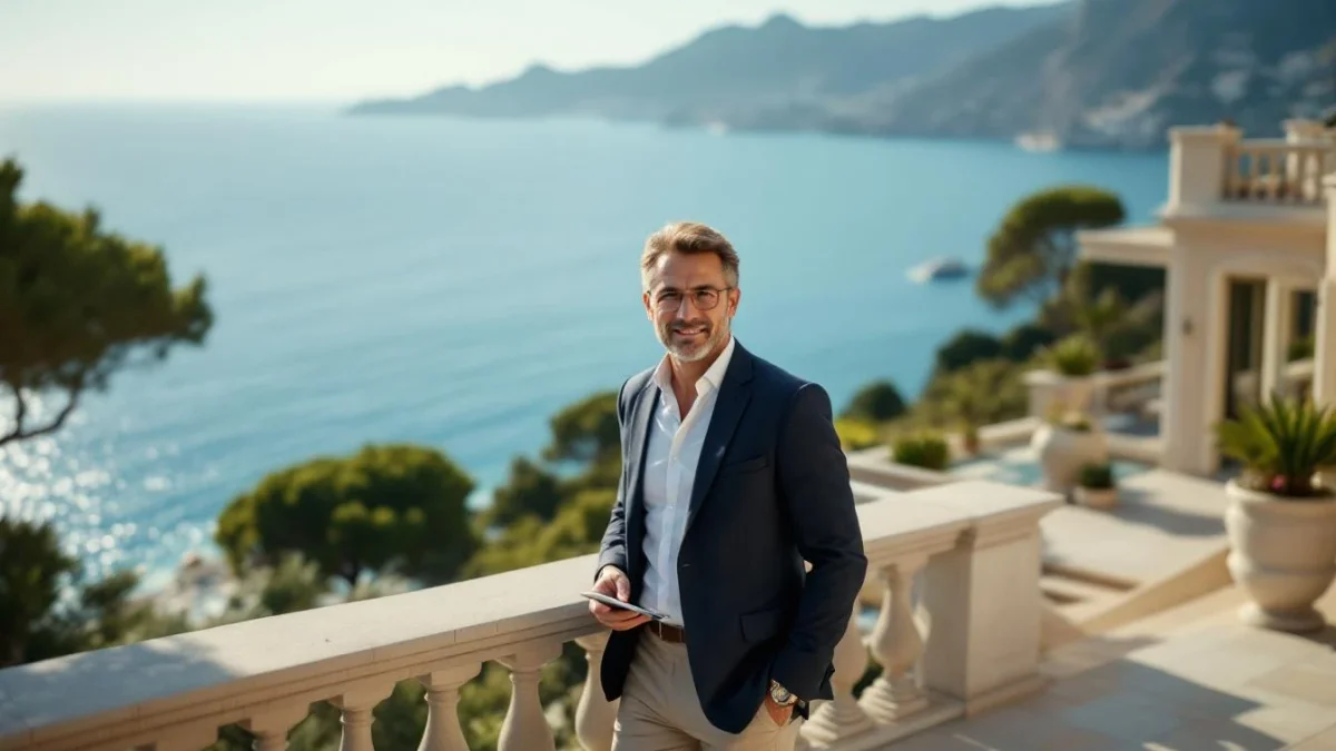 Agent immobilier sur une terrasse avec vue mer et villa de prestige