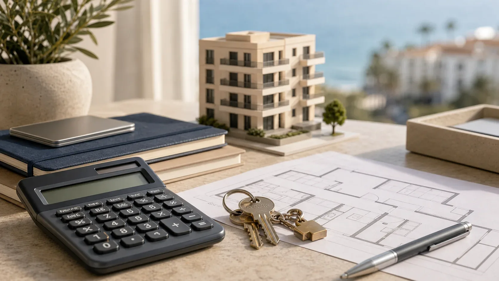 Calculatrice, clés et plan immobilier pour calculer le rendement net d'un bien locatif