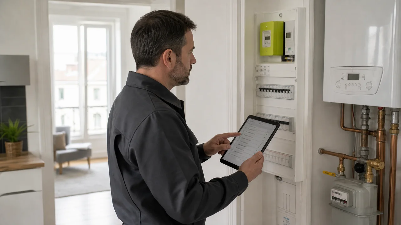 Diagnostiqueur contrôlant une installation électrique et gaz avant location