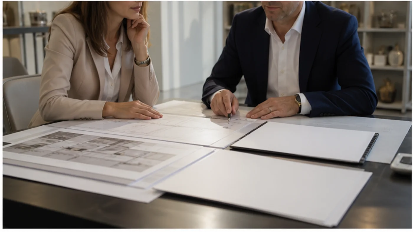 propriétaire et conseiller étudiant des plans et documents de patrimoine immobilier