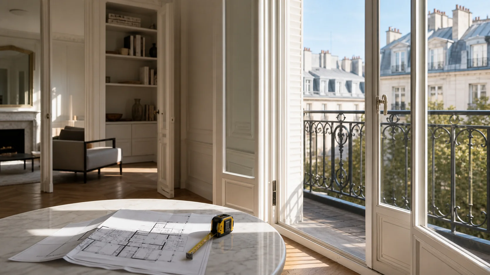 Visite technique d'un appartement parisien avec balcon, plans et lumiere naturelle